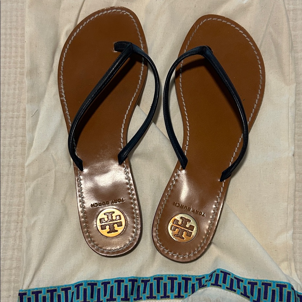 Tory Burch navy and Brown Flip Flops